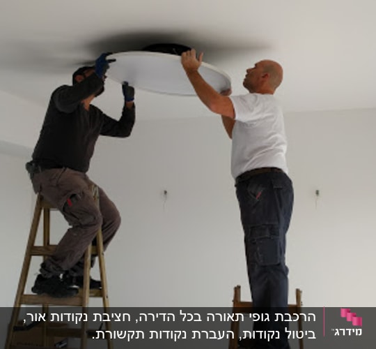 Two electricians installing a ceiling light fixture using ladders.